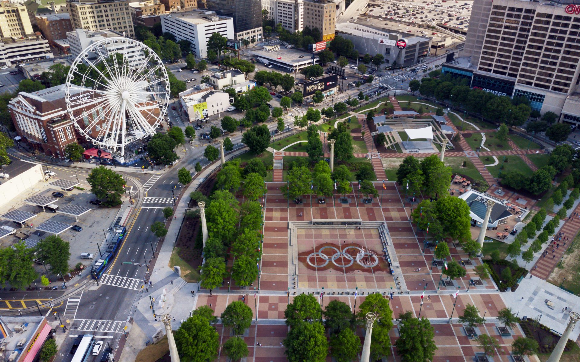 Centennial Olympic Park Atlanta aerial view with Olympic Rings fountain