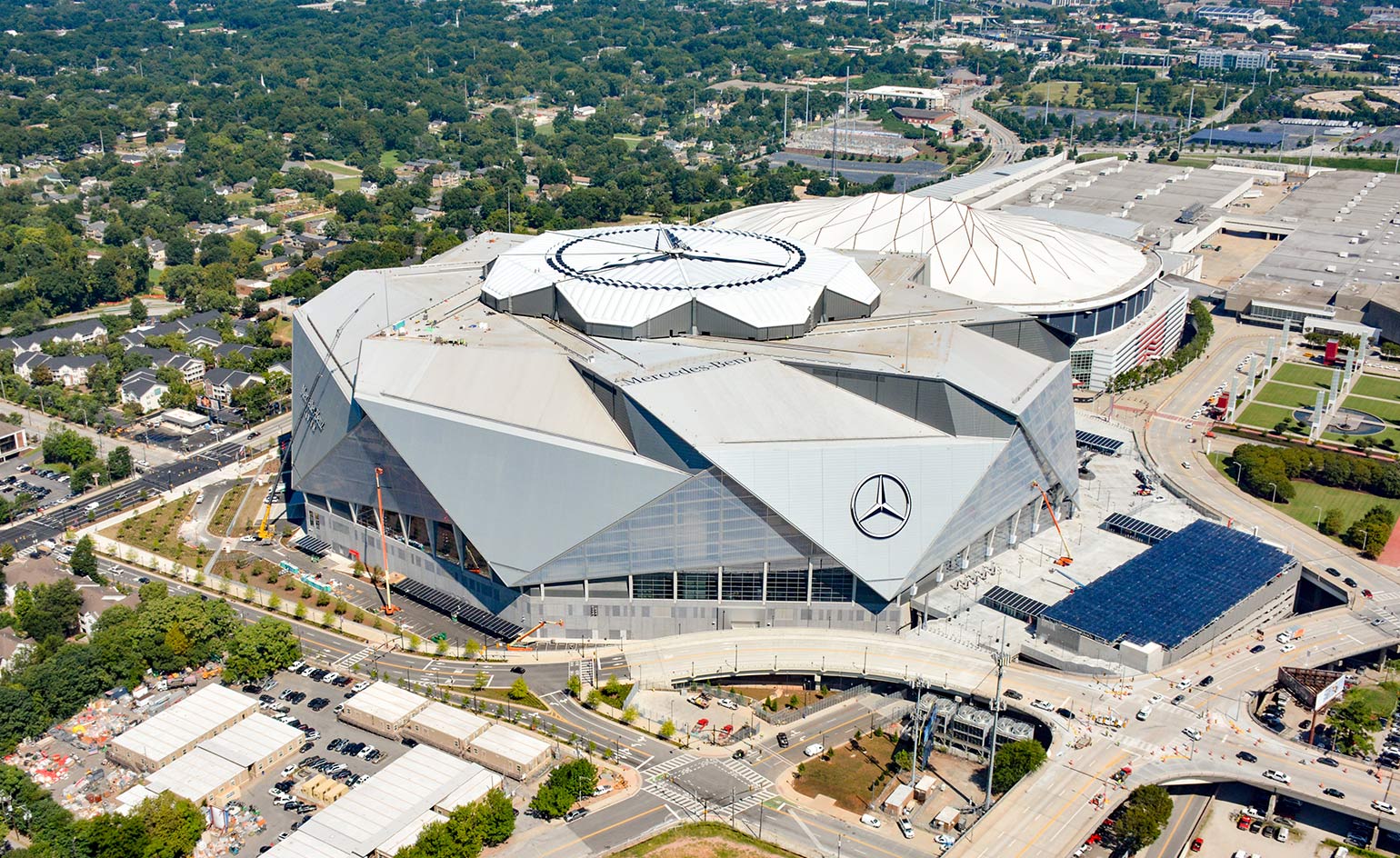 Mercedes-Benz Stadium Atlanta from above, home of the Falcons and Atlanta United